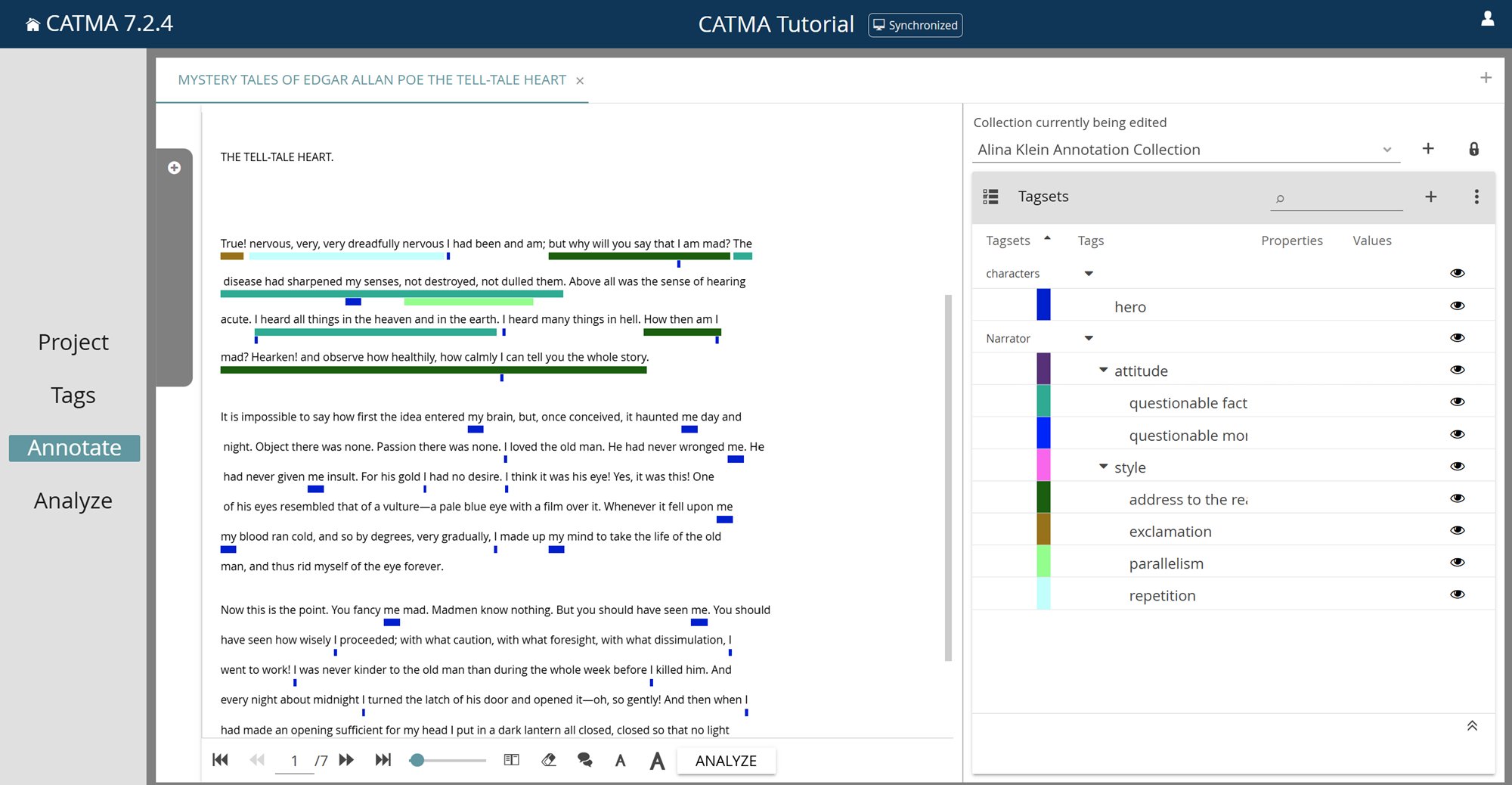 image shows an example of the annotate tab showing a text and potential tagsets for annotation