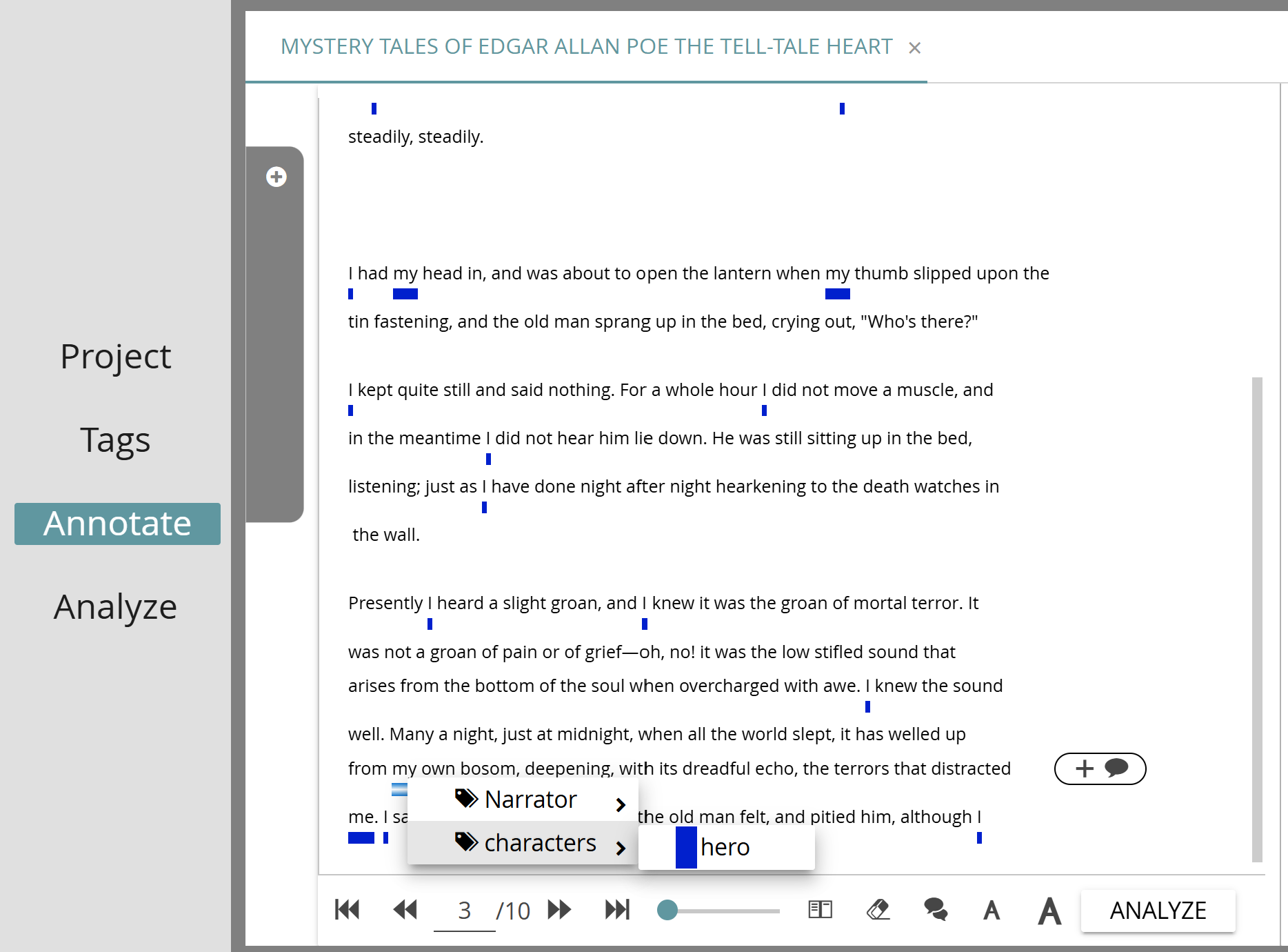 image shows some annotations in the annotation module and how to select a passage and annotate it by right-clicking