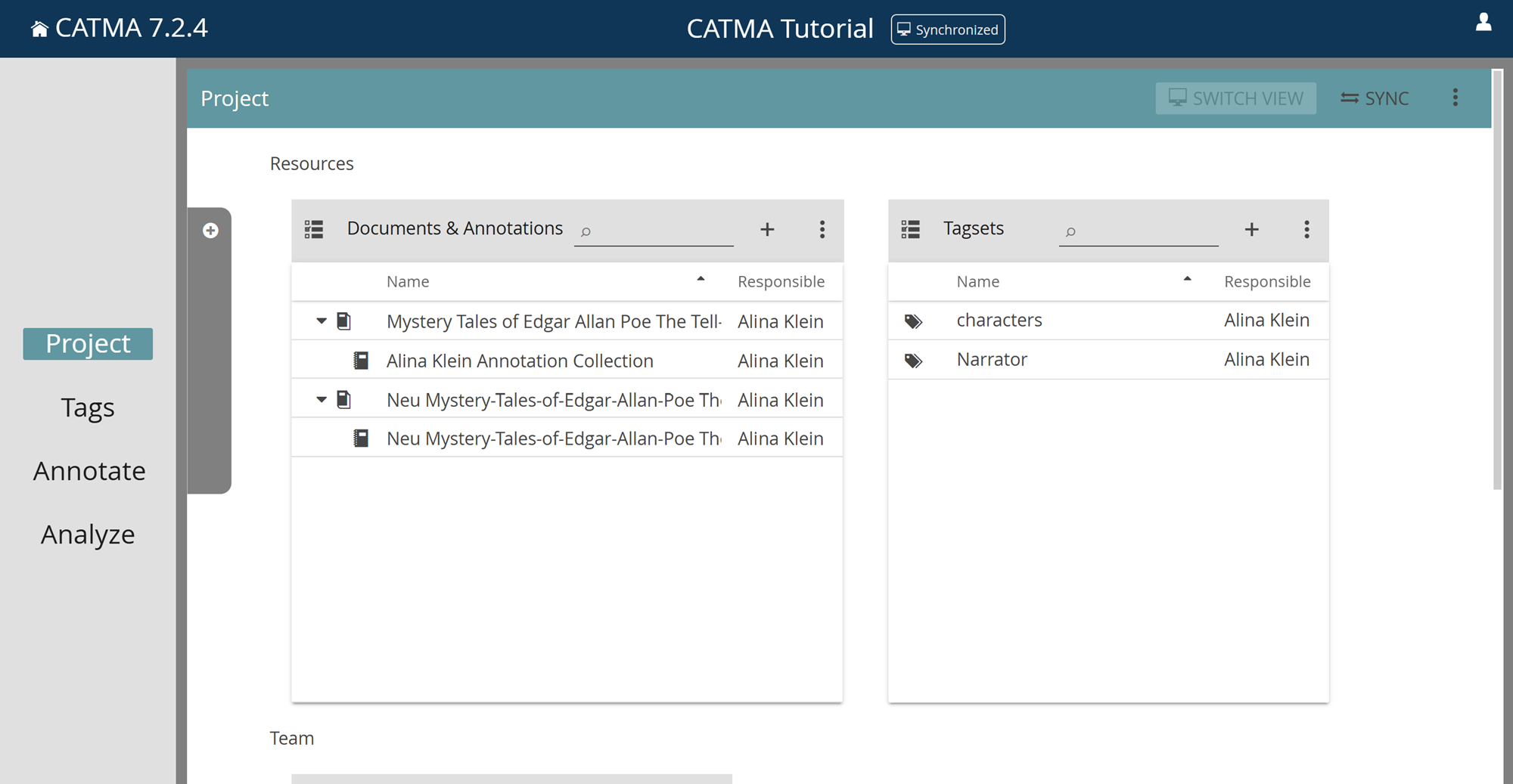 image shows the Project module in CATMA