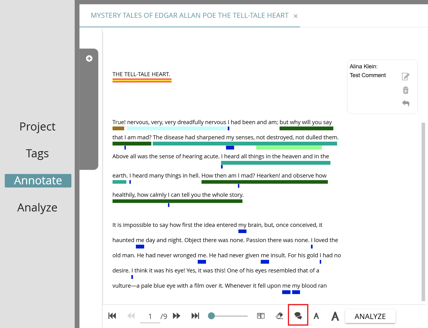 image shows the creation of comments by selecting a passage and clicking the speech bubble icon