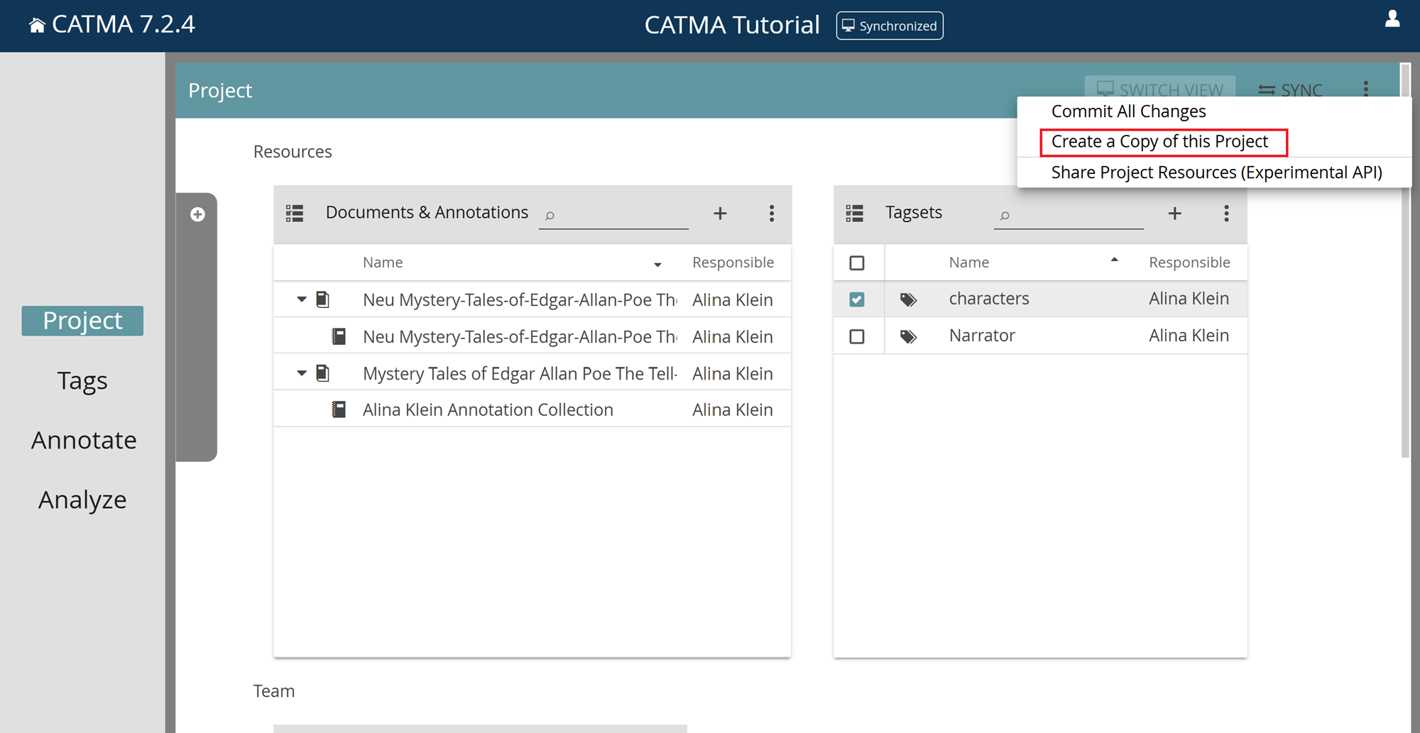 image shows how to create a copy of a project in the Project Module