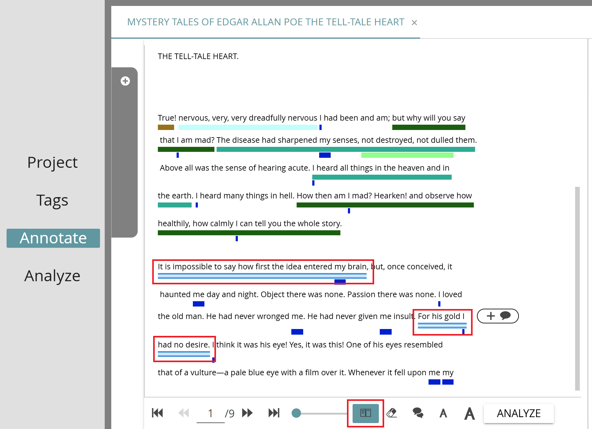 image shows how to create Discontinuous Annotations in the Annotation Module by clicking the icon below the text, to the right of the page size slider