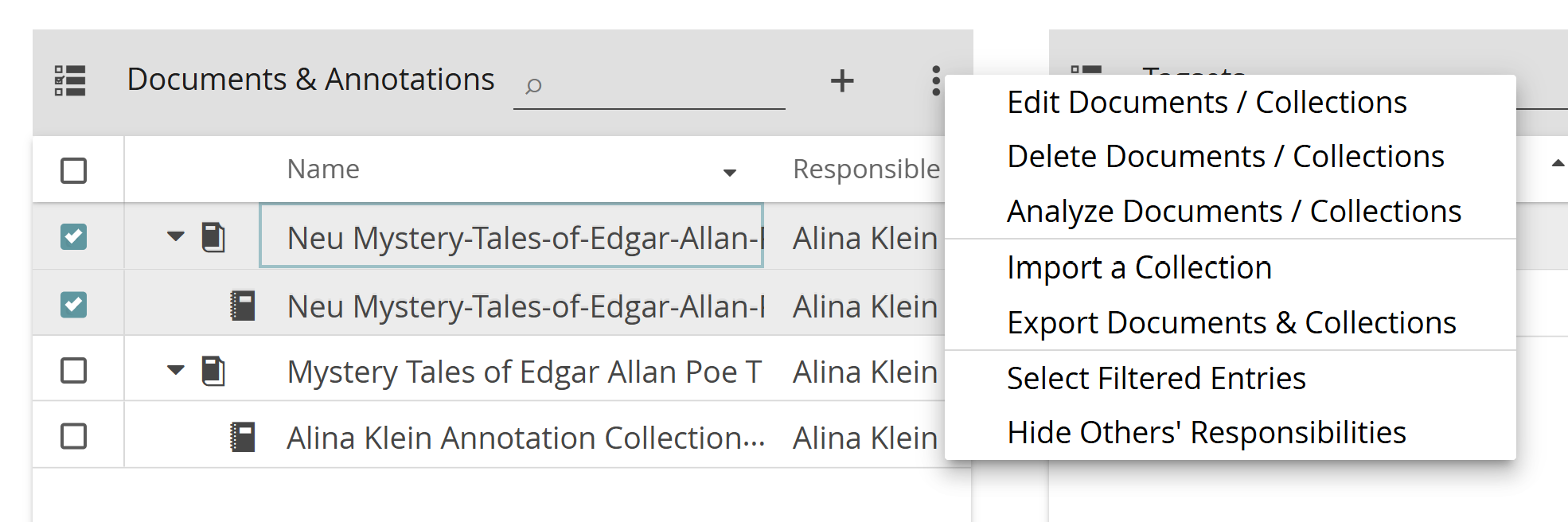 image shows how to edit or delete Documents and Collections