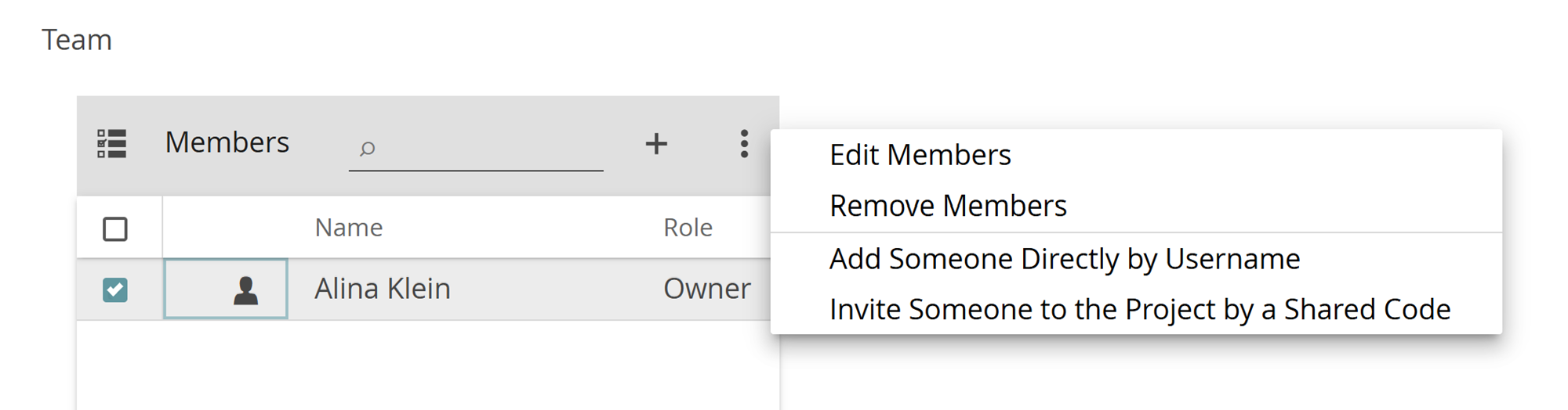 image shows how to edit or remove Members of the Project