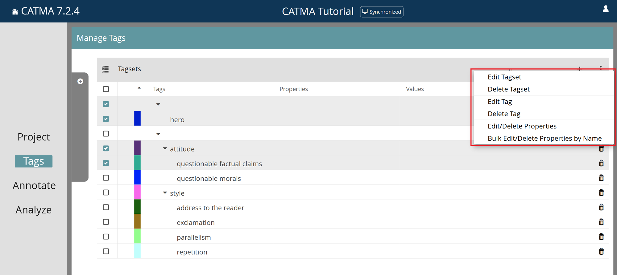 image shows several tags selected and how to edit and delete Tagsets, Tags and Properties