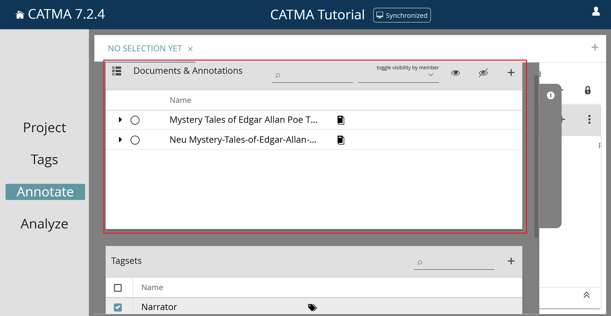 image shows how to make Documents and Annotations visible in the Annotate Module