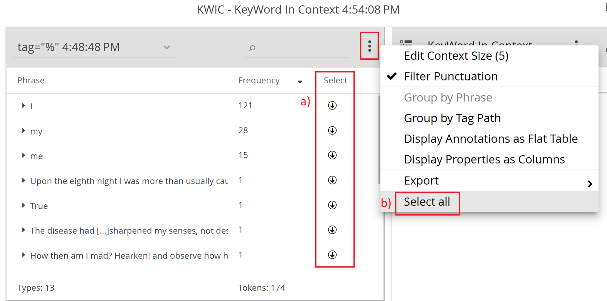 Image shows how to export the keyword in context table