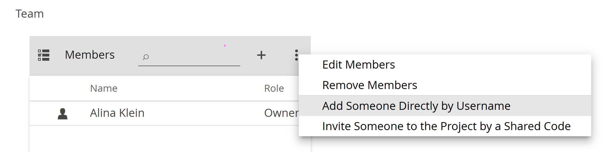 image shows how to add Someone Directly by Username to the project
