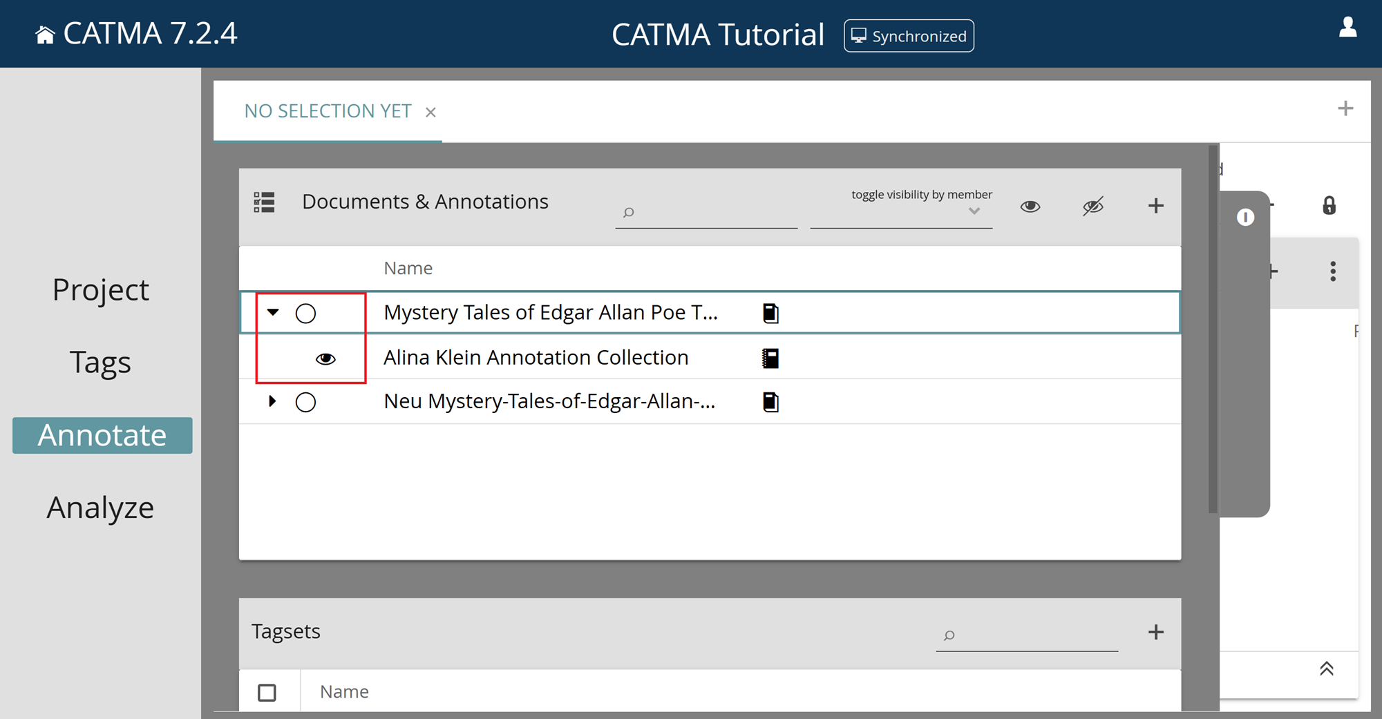 Image showing CATMA's Documents and Annotations panel with a document selected and expanded