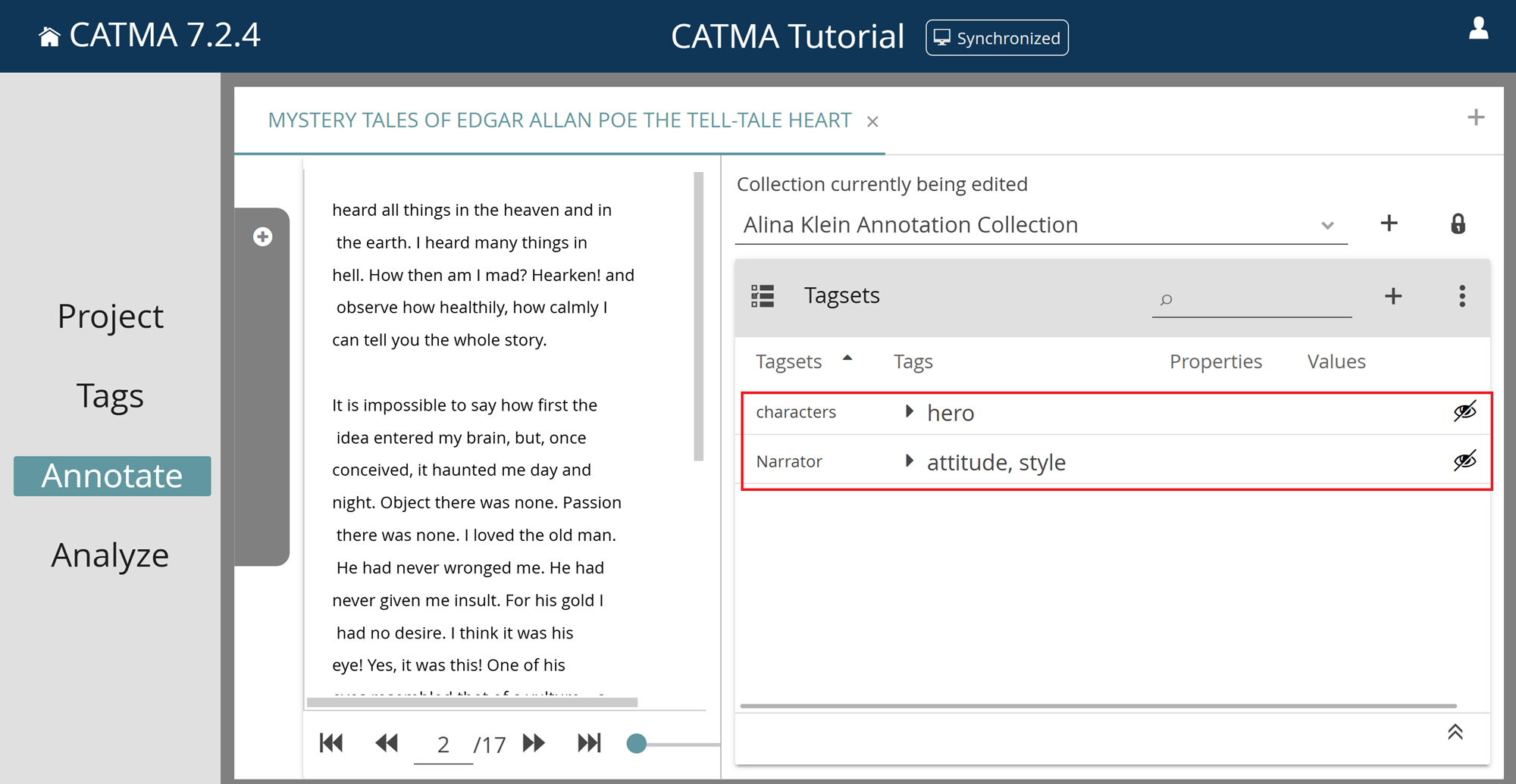 Image showing the Tagsets panel in CATMA's Annotate module, with two tagsets set to not visible (hide, show)