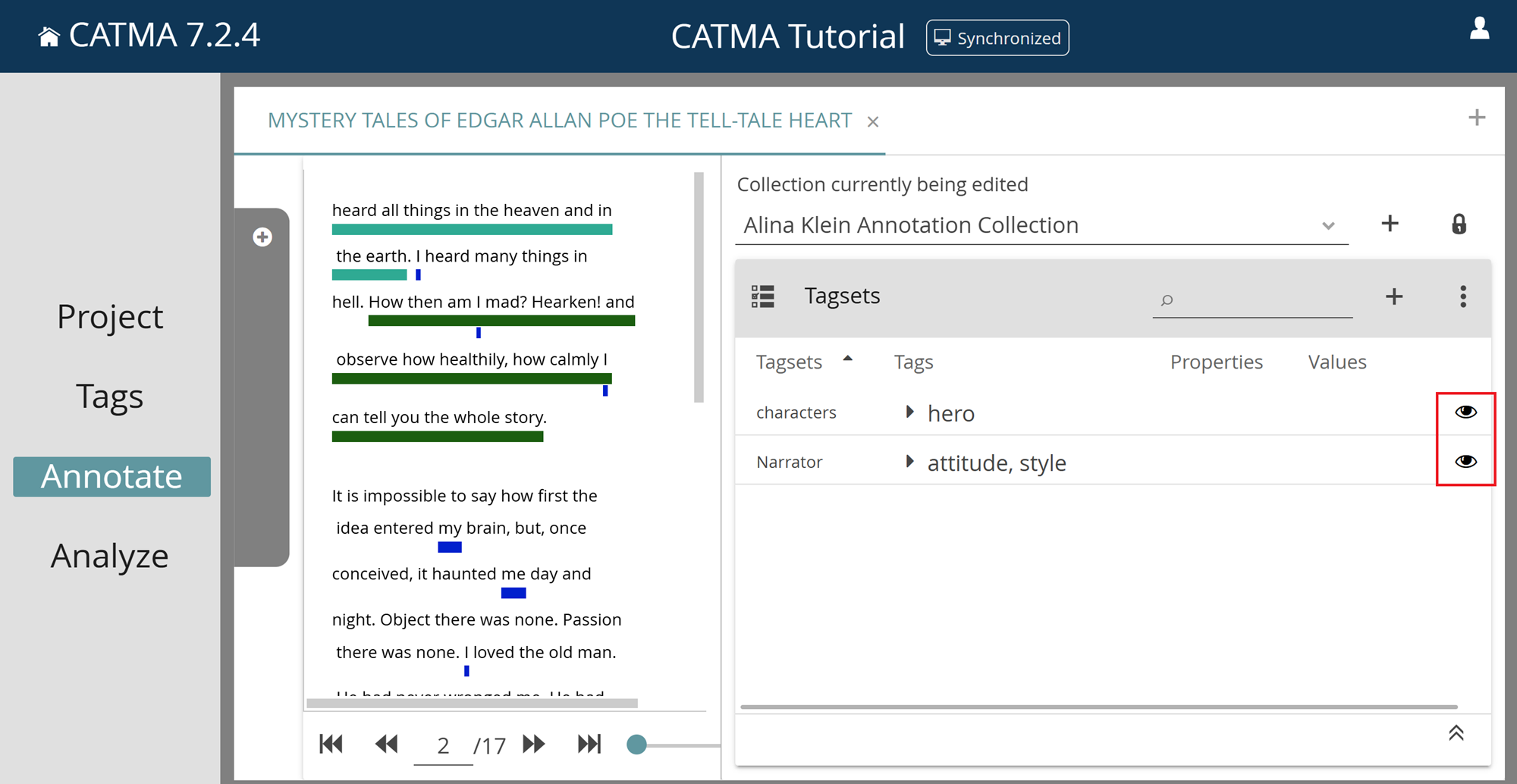 Image showing the Tagsets panel in CATMA's Annotate module, with two tagsets set to visible and annotations in the text