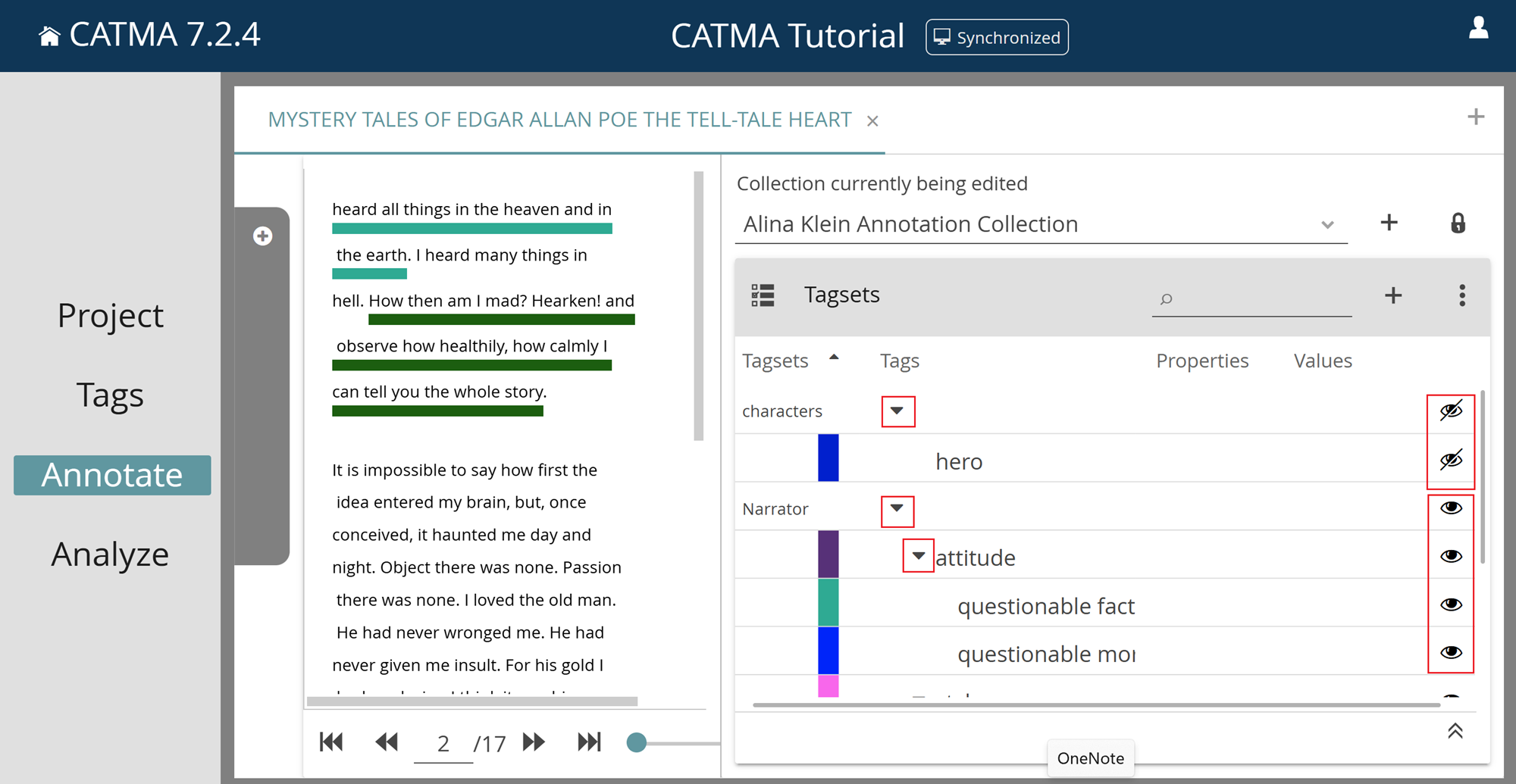 Image showing the Tagsets panel in CATMA's Annotate module, with two expanded tagsets and varying visibility