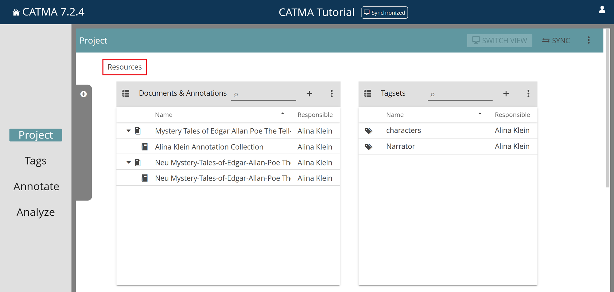 Image displays view of an open project with Resources in the Project Module