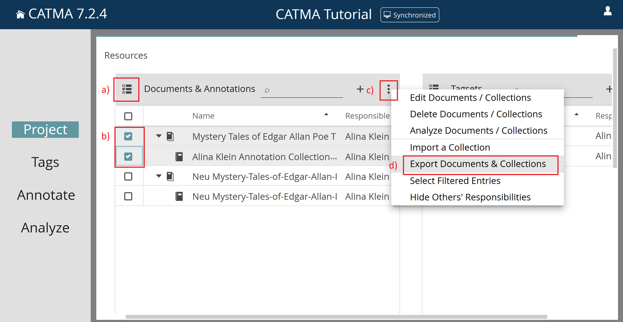 Image shows how to export documents and annotations using CATMA
