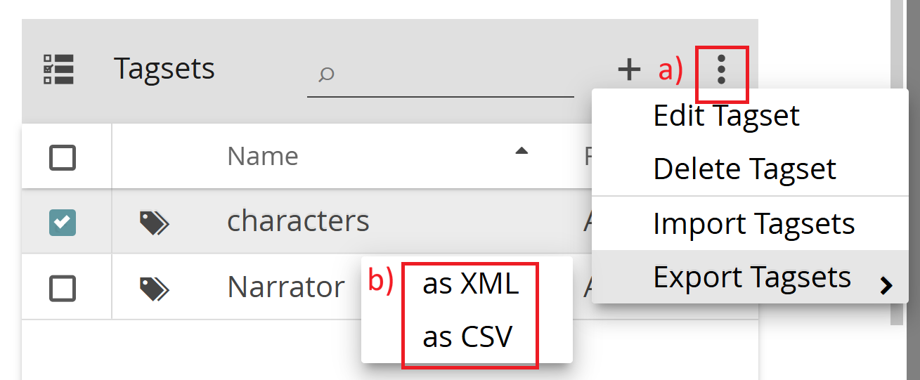 Image shows how to export tagsets in CATMA