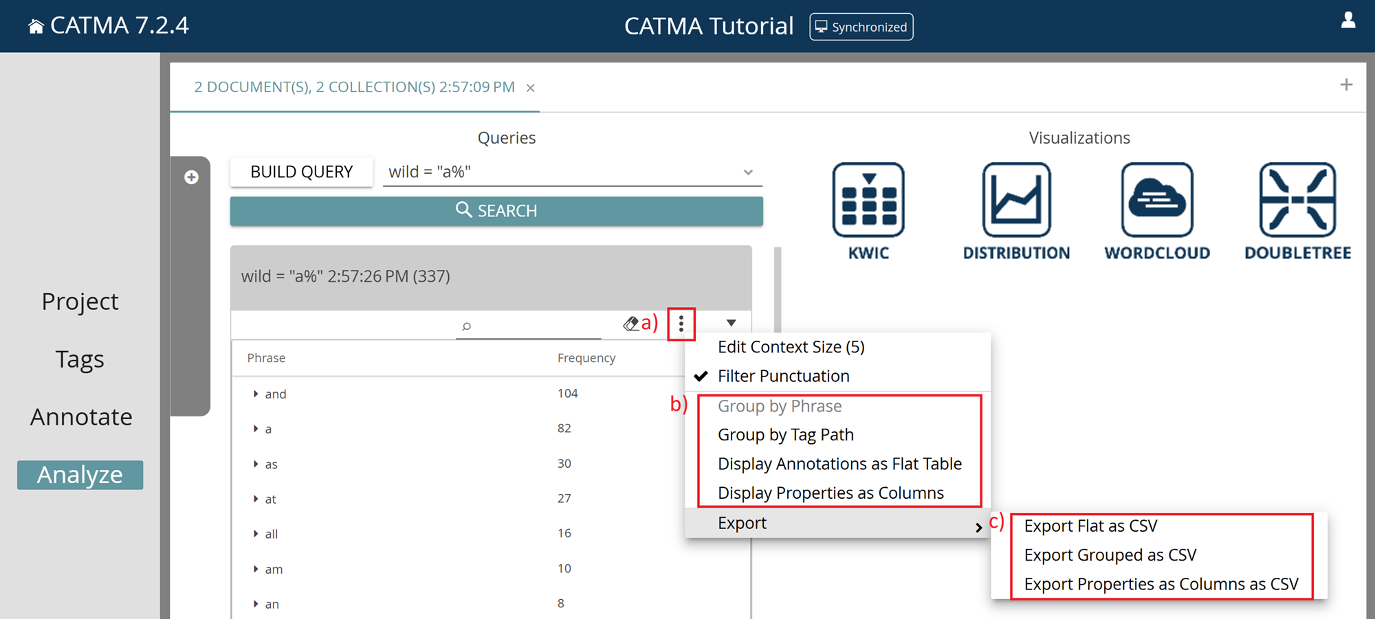 Image shows how to export from the results panel CATMA