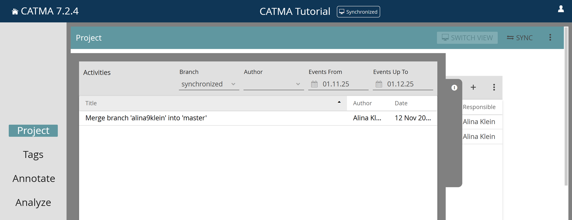 image shows the project activities in den Project Module