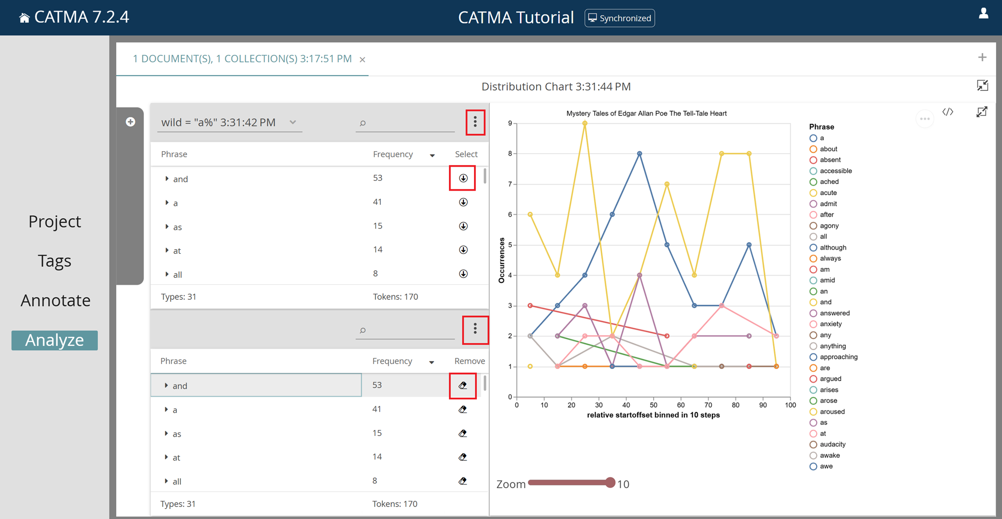 image shows an example of a visualization and query result panels in the Analyze Module