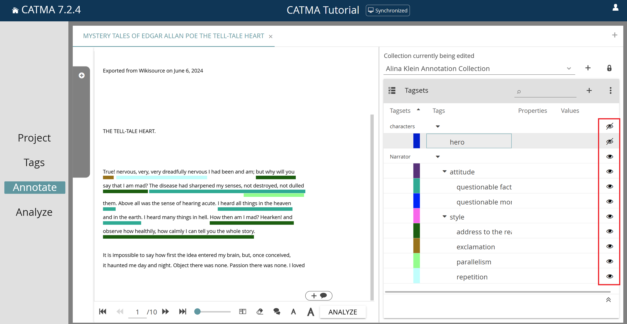 image shows the eye icons in the Tagsets table in the Annotate Module